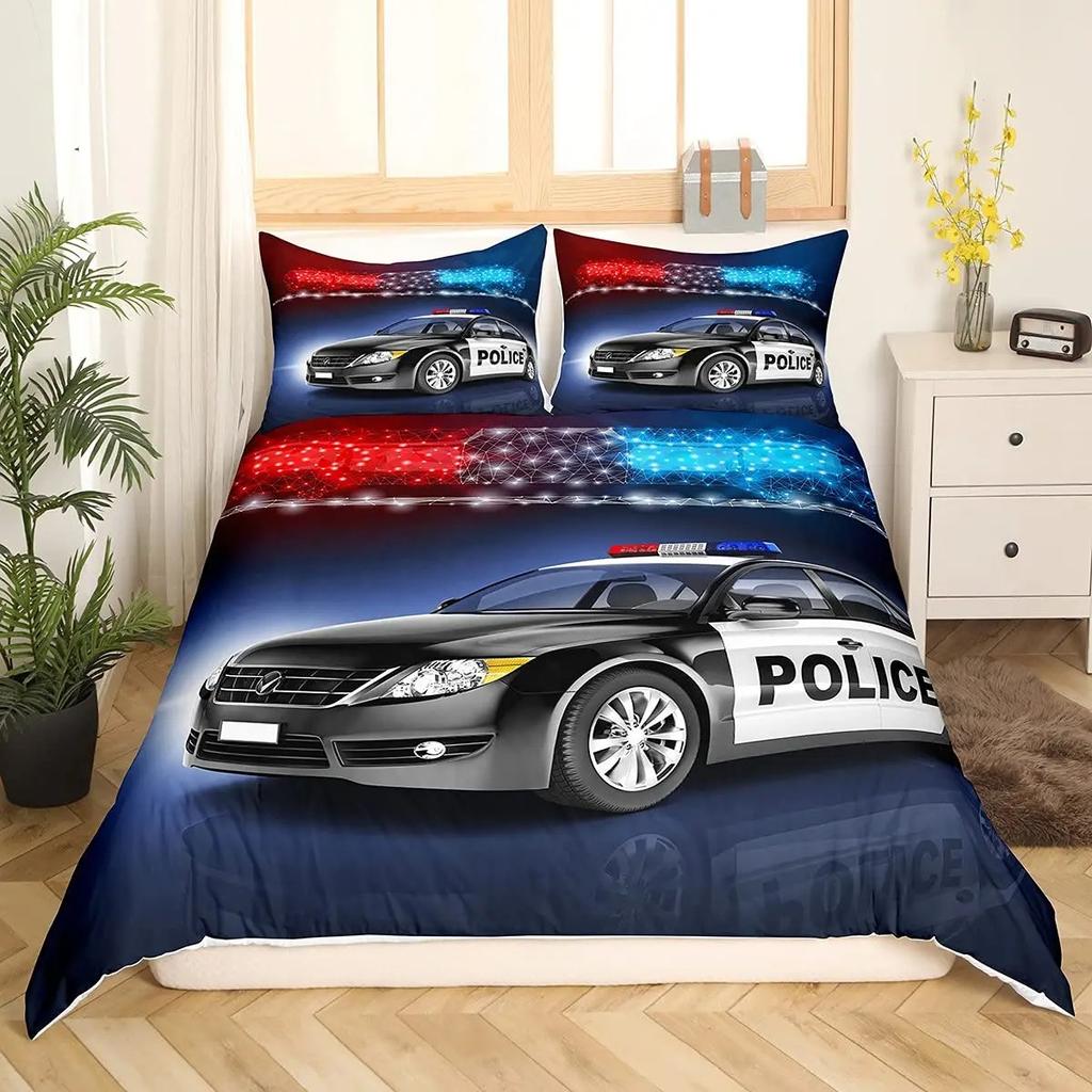 Police Car Duvet Cover Set King Queen Size Polyester Quilt Cover Cartoon Car Pattern For Kids Teens Bedding Set With Pillowcase