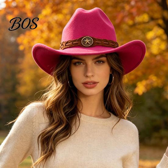 Elegant Fedora for Daily Use Unisex Western Cowboy Hat, Wool Felt Hat with Faux Leather Outdoor Travel Band, Retro Wide Brim Cowgirl Men Women Fashion