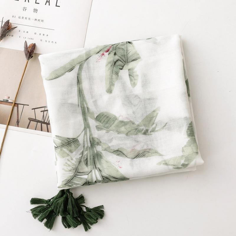 Женский шарф, шелковый шарф, весна-лето, небольшой, свежий, зеленый, тропическое растение, балийская пряжа, шаль с бахромой