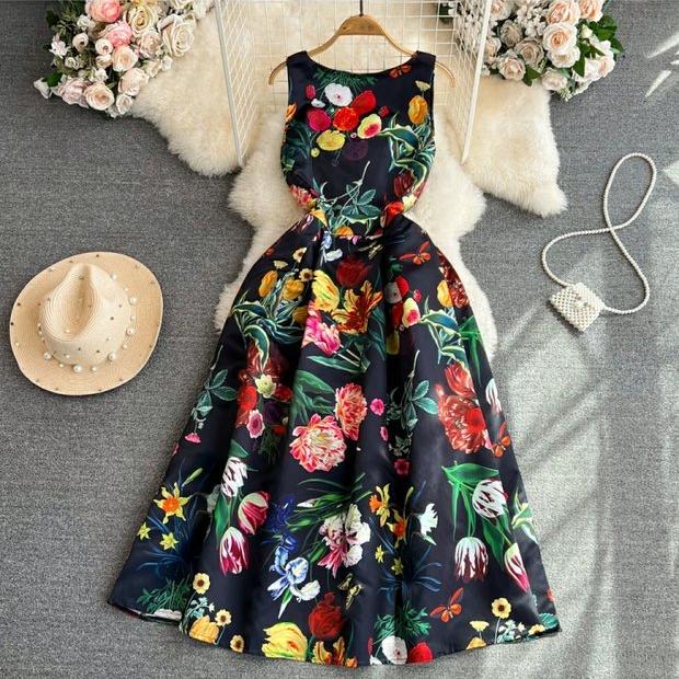 Женское платье-майка с цветочным принтом, элегантное модное летнее платье трапециевидной формы с круглым вырезом без рукавов и высокой талией, вечернее платье-майка для взлетно-посадочной полосы