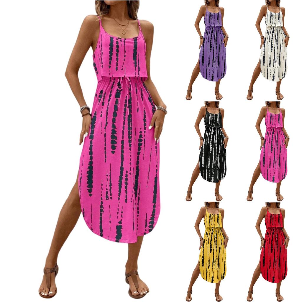 Women's Fashionable Retro Printed Camisole Waist Cinching Casual Dress