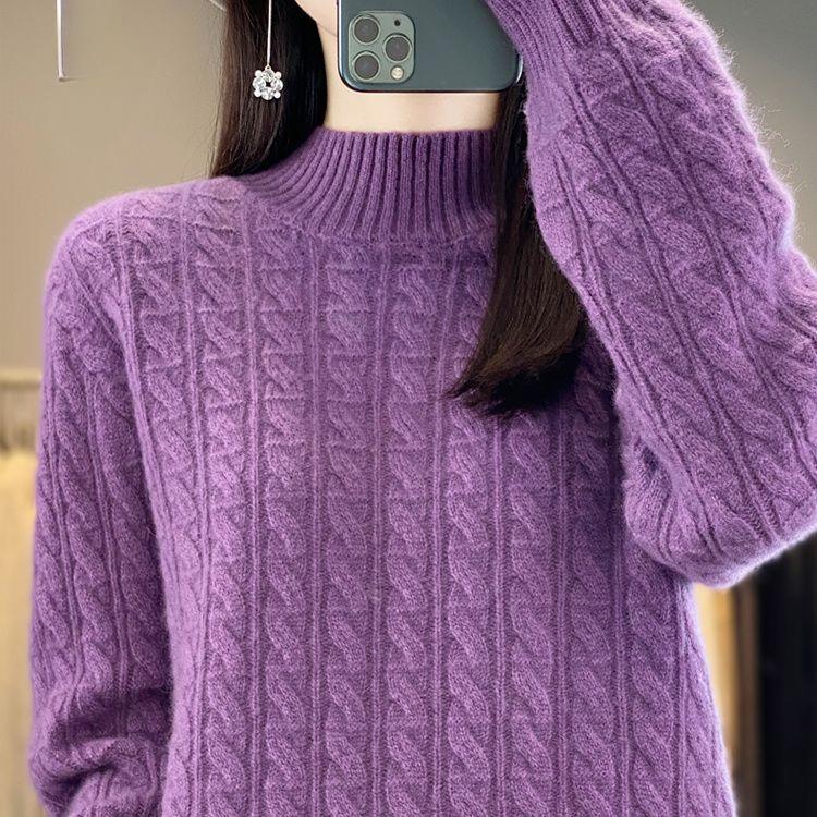 Вязаный свитер с полувысоким воротником для женщин, однотонный, свободный, пуловер для осени и зимы, теплый свитер для женщин