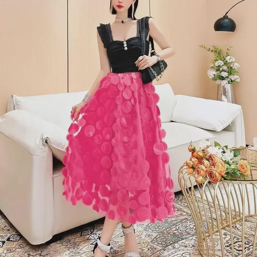 2024 Women's High Waist Polka Dot Embroidered Tulle Midi Skirt