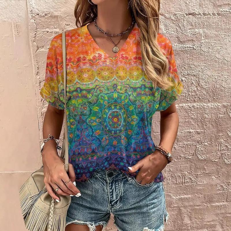 Женская футболка Boho Harajuku с графическим принтом, летние повседневные топы с коротким рукавом, уличная мода, футболка с V-образным вырезом, женская одежда, футболки женские