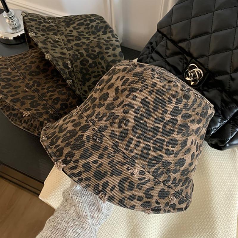 Retro Hole Design Leopard Print Bucket Hats For Women Spring And Summer Travel Sunscreen Versatile Casual Simple Basin Cap