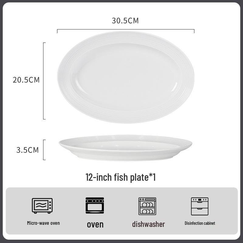 Ribbed Underglaze White Ceramic Tableware Set: Includes Plates, Chopsticks, Soup, Noodle, and Rice Bowls