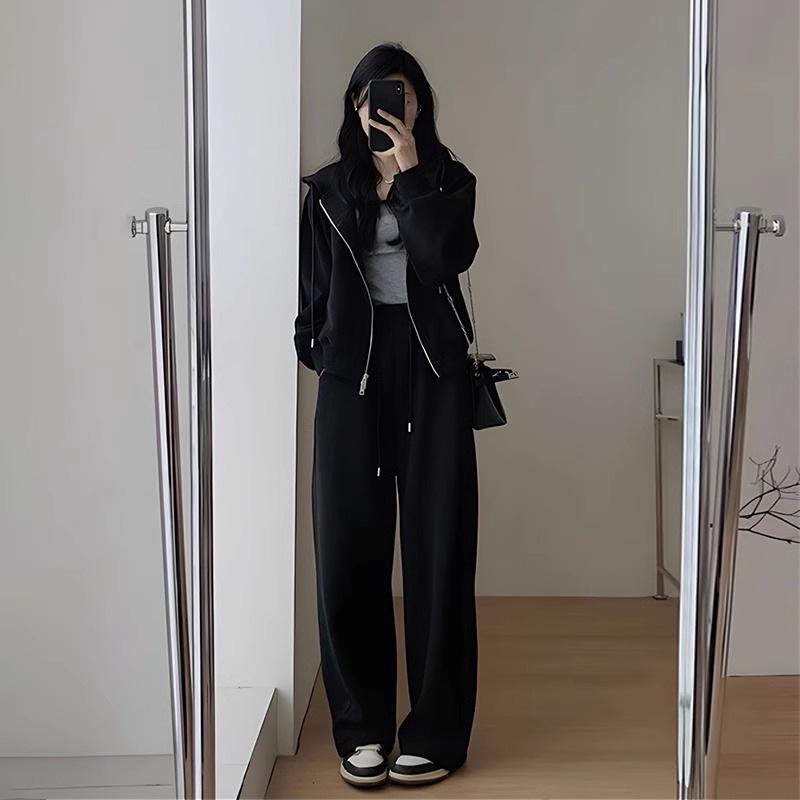 Women's Hong Kong Style Slim Fit Hoodie & Wide-Leg Pants Suit - Casual Winter/Spring Activewear