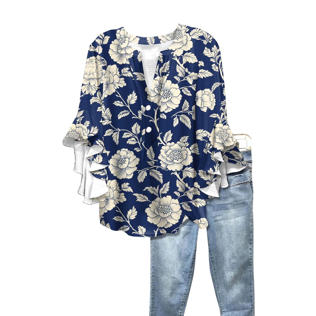 Summer Women's Tops V Neck Three Quarter Sleeve Shirt Vintage Floral Print Tops Casual Shirts