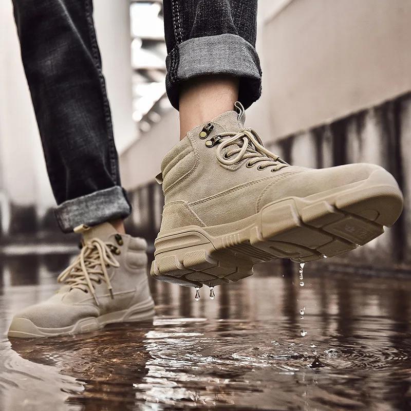 Retro Platform Boots Men Black High Top Warm Shoes Boots Leather Breathable Comfortable Tooling Shoes Male Desert Boot