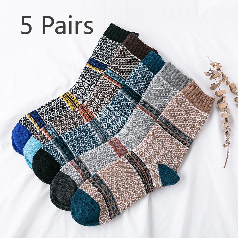 5 Pairs of Men's Winter Extended and Thickened Rabbit Wool Socks with Ethnic Style Thick Thread Mid-calf Socks