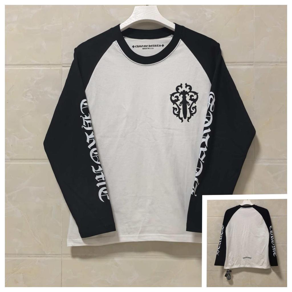 25SS Cross Chrome Hoof Санскритный Принт Черно-белая Футболка с Длинным Рукавом Реглан