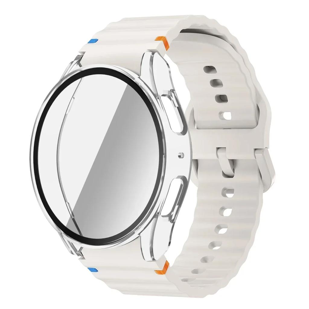 Чехол+Ремешок для Samsung Galaxy Watch 7 6 5 4 40мм 44мм Силиконовый Браслет Защитная Пленка для Экрана из Закаленного Стекла Бампер