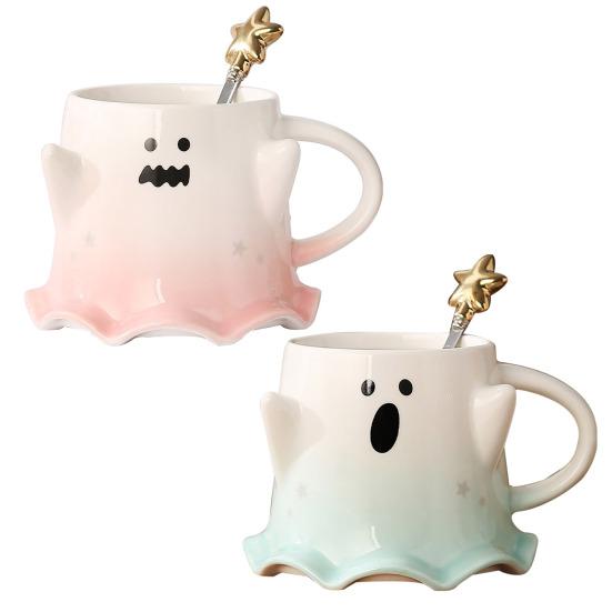 Кружка-призрак на Хэллоуин объемом 460 мл с ложкой, симпатичная керамическая чашка для воды с изображением призрака, украшение для дома и офиса на Хэллоуин, чашка для чая и кофе