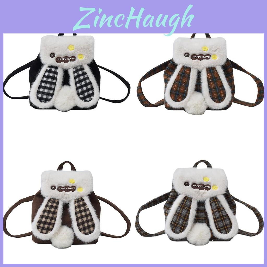 Cartoon Plush Backpack With Checkered Pattern And Storage For Women And Men