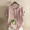 Women's New Fashion Linen Shirt Round Neck Short Sleeve Green Plants Printed T-shirt Summer Ladies Casual Blouse Tops