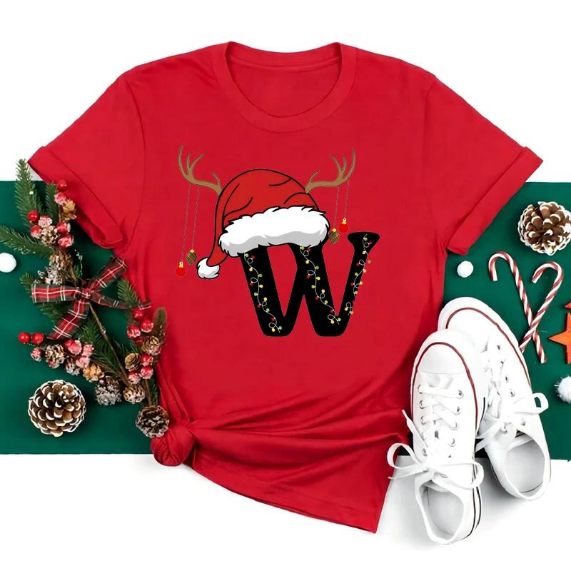 Новая футболка с рождественским алфавитом 26 A~Z, женская повседневная модная футболка с коротким рукавом, эстетика рождественской вечеринки, красные футболки, топы