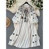 2024 New Arrival Niche Style Elegant Retro Machine Embroidery Lantern Long Sleeve Loose Lace-up Waist-Controlled Vacation Style Dress