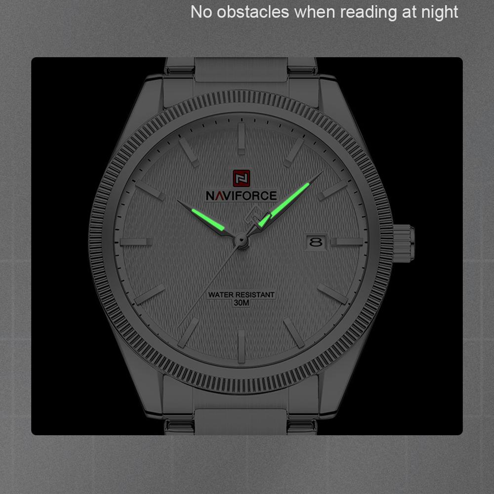 Naviforce Оригинальные простые мужские часы с календарем, кварцевый механизм, люминесцентные стрелки, водонепроницаемость 3 АТМ, ремешок из нержавеющей стали, мужские часы NF9276S