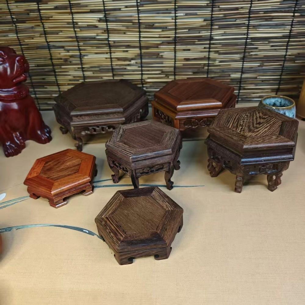 Hand Carved Hexagon Wood Base Teapot Stand Wooden Display Stand Display Base Rack  Living Room