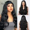Black Wavy Synthetic Headband Wigs Long Natural Wave Wig with Headband Natural Looking Daily Fake Hair Heat Resistant