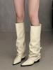 White High-heeled Trouser Boots Women's Thick-heeled Pointed-toed Knee-length Boots Belt-buckle High Boots