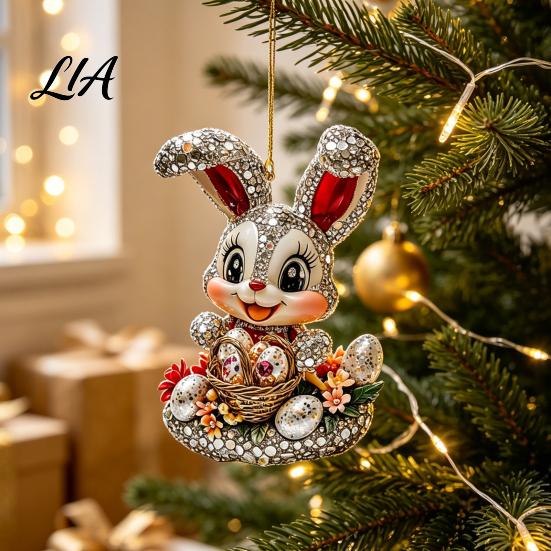 Decorative Rabbit for Home Window Easter Bunny Acrylic Pendant, Cute with Basket, 2D Car Animal Pendant Rearview Mirror Hanging Ornament, Bag Keychain