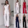 2 Pcs/Set Women Coat Pants Set V Neck Lace-up Slim Waist Mid Length Cardigan Sleeveless Jacket Wide Leg High Waist Straight Trousers Lady Formal