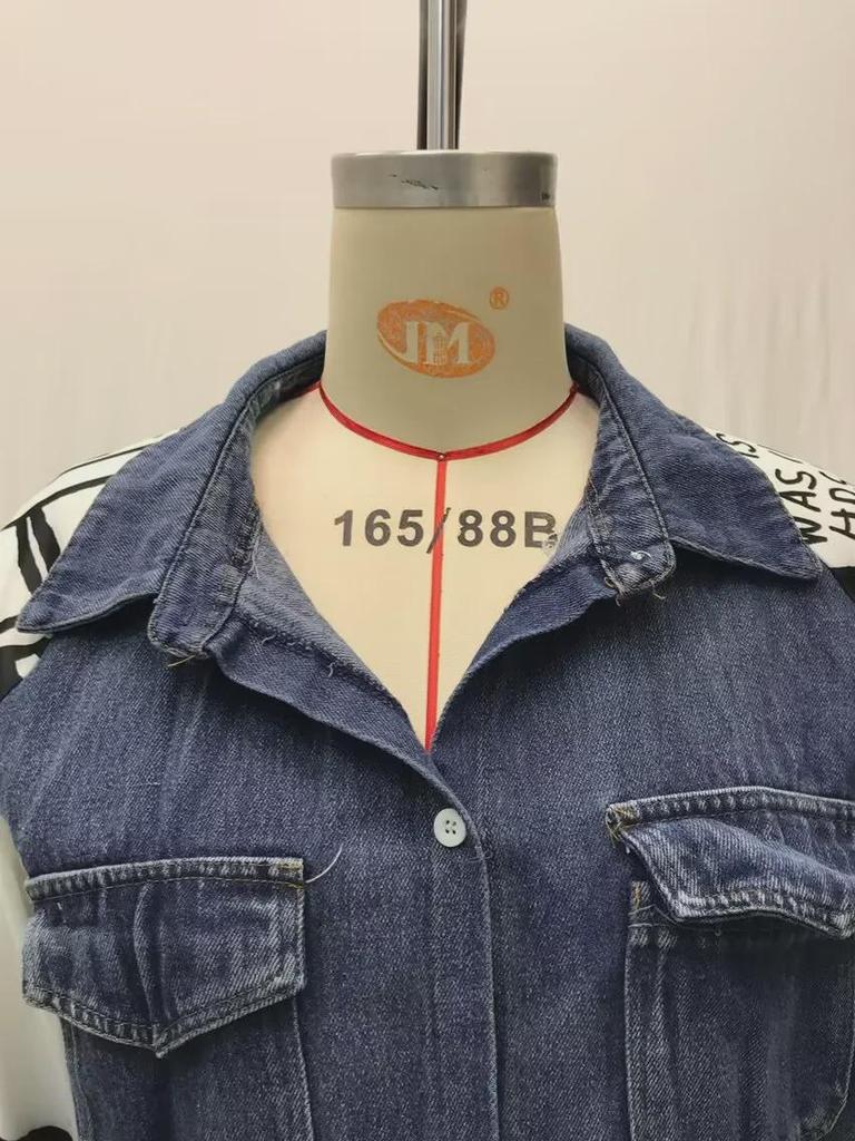 2025 Женская джинсовая ветровка с абстрактным узором - Креативное сращивание, свободная стираная куртка