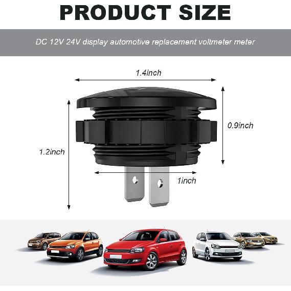 DC 12V 24 V Voltmeter Gauge, Car LED Digital Display Round Panel Voltage Gauge Meter, Waterproof Mini Volt Tester Battery Monitor Indicator for Car