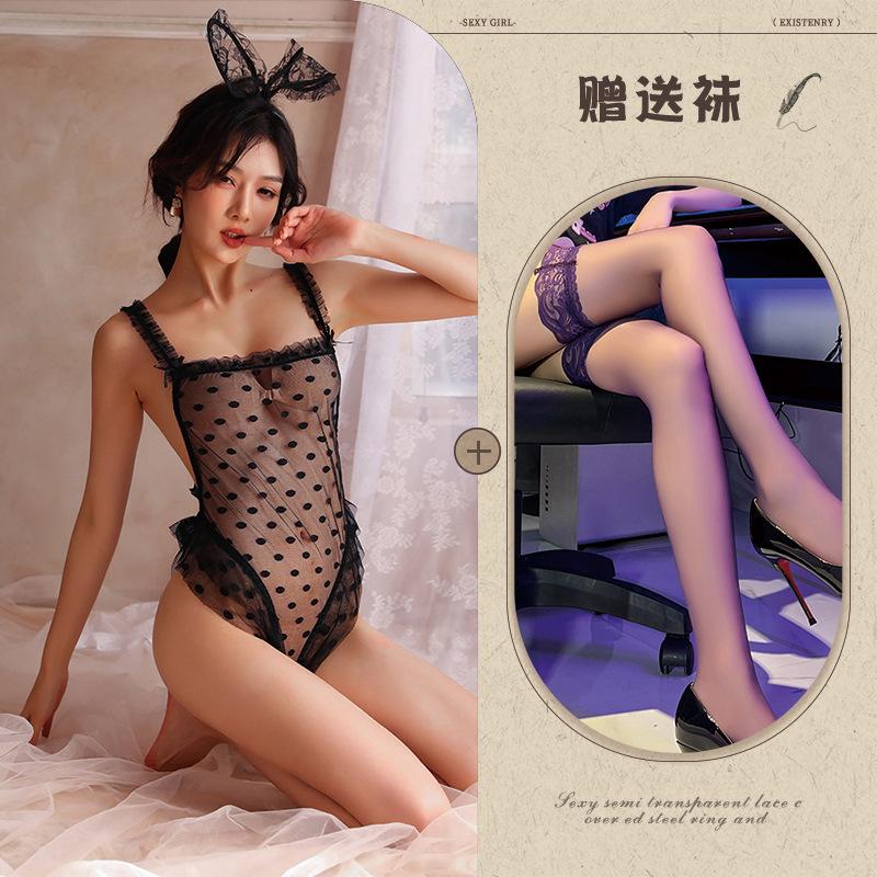 Sexy lingerie sexy lace bunny suit hidden button open perspective uniform temptation conjoined