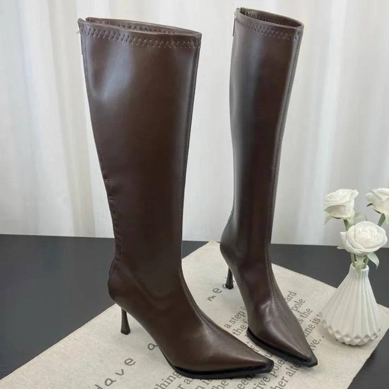 New Winter Women's Pointed Toe High Stiletto Heel Pleated Knee High Boots Women's Mid-Leg Comfortable Zapatos De Mujer