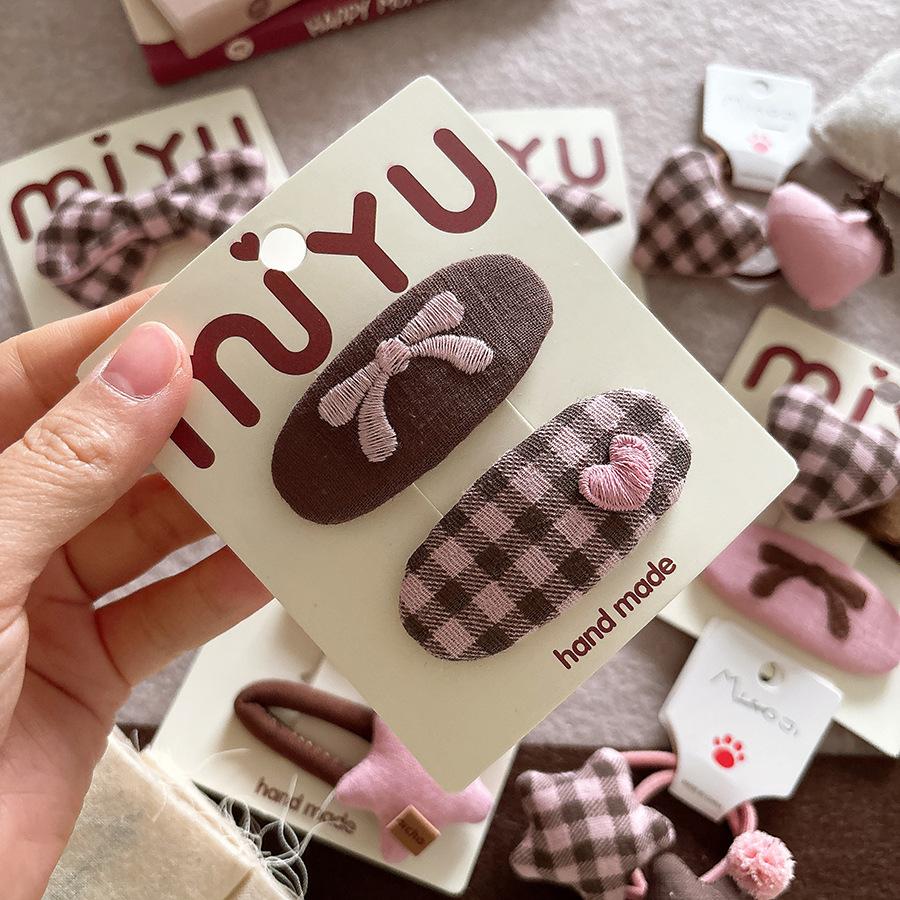 Korean Style Fabric Bow Side Hairpin Sweet Coffee Pink Children's Hair Accessories Plaid Star Hair Rope Bangs Hair Clips 5-6cm