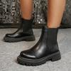 Fashion Casual Solid Black Pu Chelsea Boots Women 2025 Winter Round Toe Thick Bottom Low Heel Ankle Boots Fashion Motorcycle Shoes Women