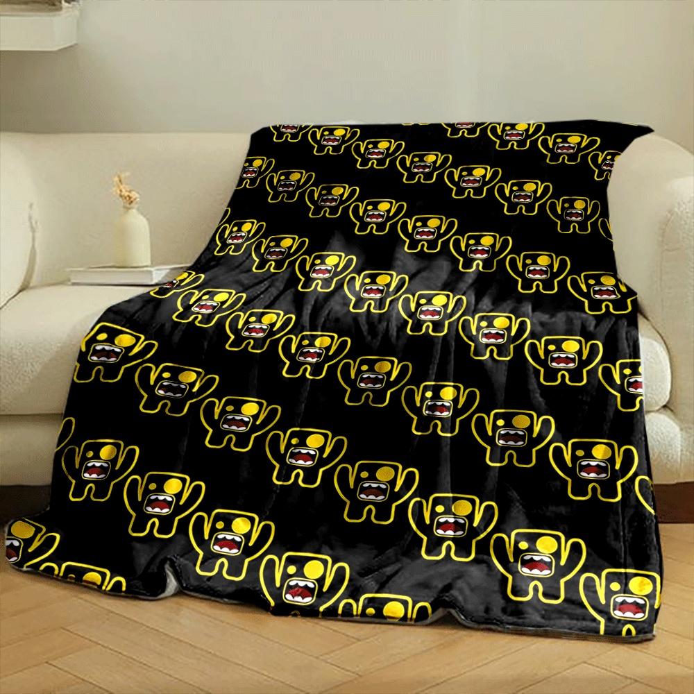Yellow outlined monsters with open mouths repeating on black background. for all seasons blanket lunch break throw gift