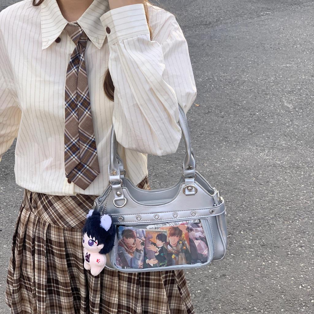 Japanese PU Leather Y2K Spicy Girl Ita Bag - Large Capacity Transparent Badge Crossbody for Students