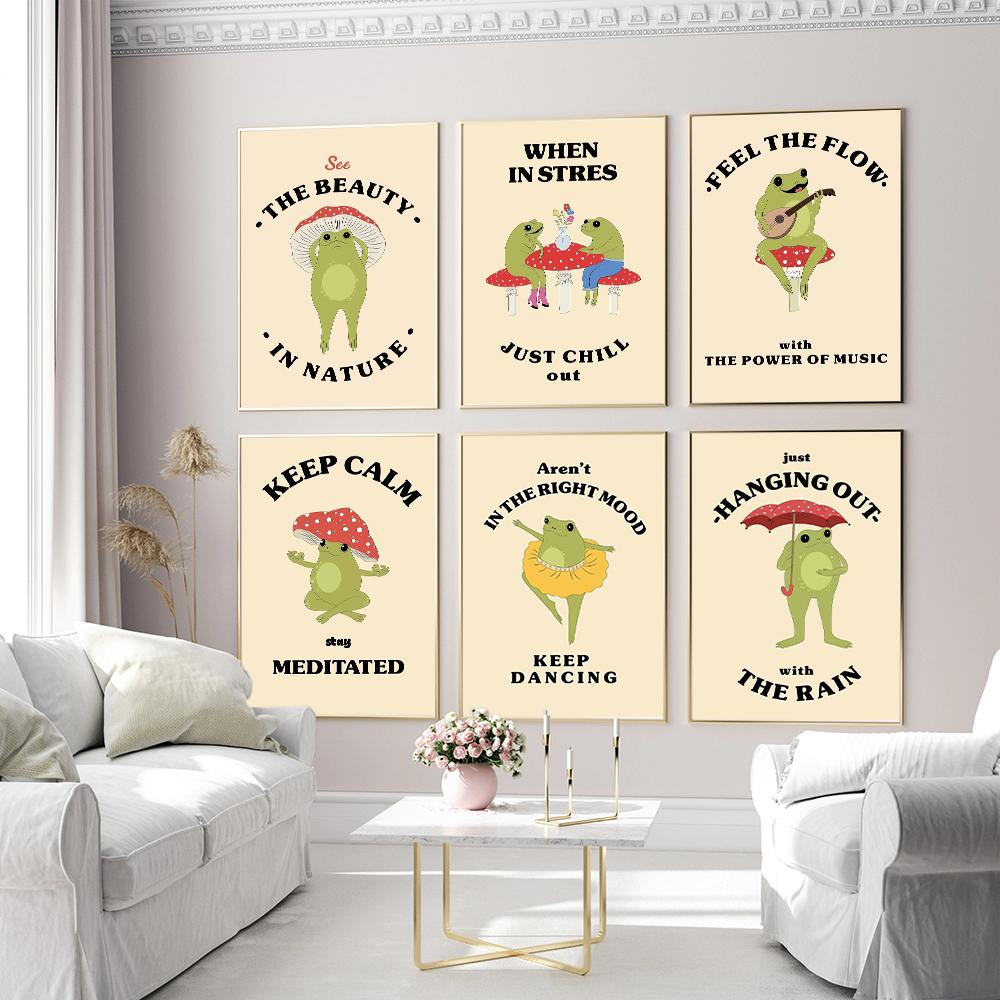 Retro Aesthetic Dance Frog Art Poster Decor Trendy Wall Motivational Quote Print Mushroom Meditate Canvas Room Home Painting