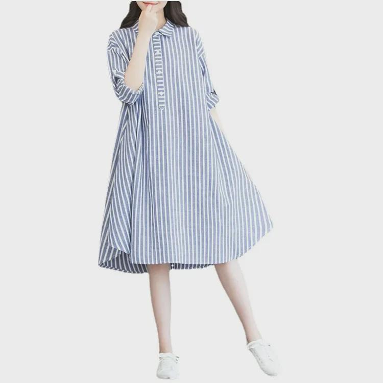 Платье-рубашка больших размеров в вертикальную полоску из хлопка и льна для женщин - осенняя мода, подходит для беременных, до 200 фунтов