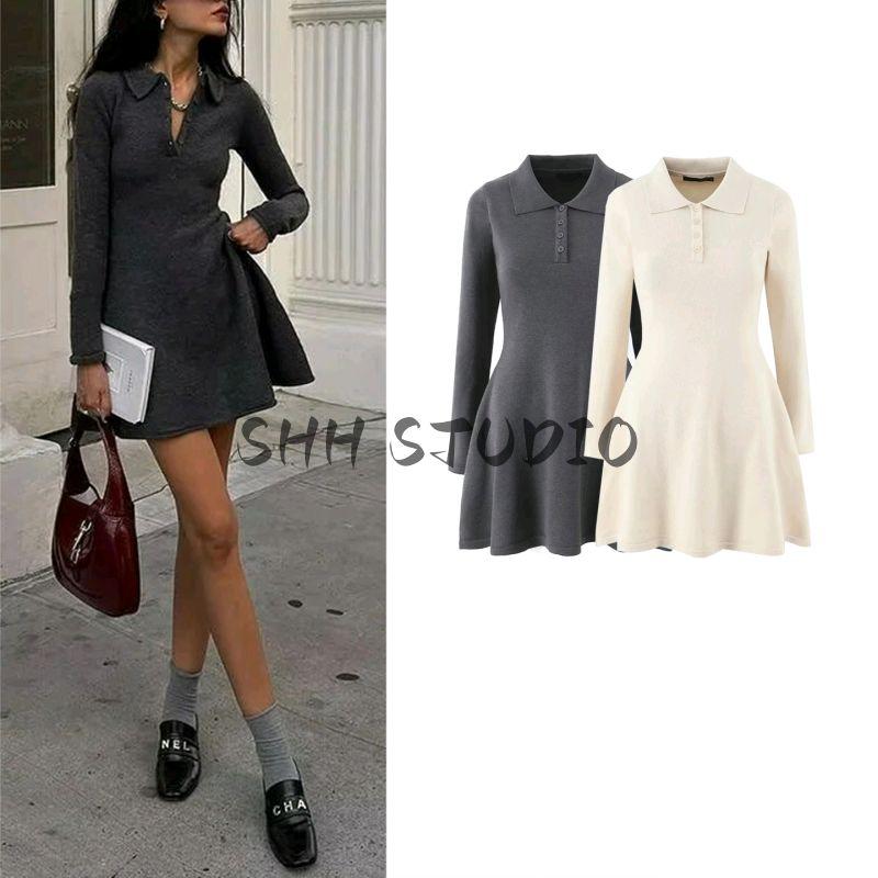 Autumn New Women Clothes American Retro Style Simple Polo Collar Long Sleeve Short A Word High Waist Knitted Dress