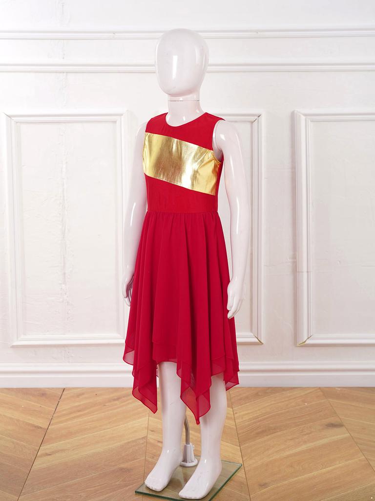 Girls Worship Liturgical Celebration Costume Color Block Sleeveless Asymmetric Hem Lyrical Dance Dress