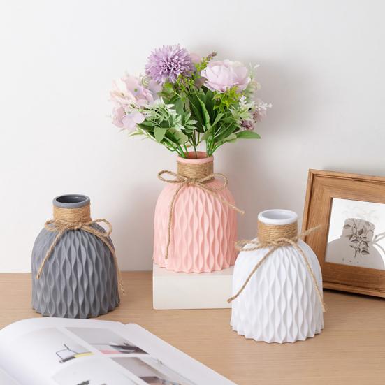 Nordic Style Plastic Faux Ceramics Striped Vase Desktop Decor for Home
