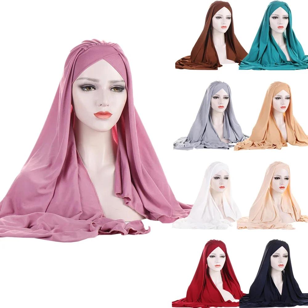 Muslim Women Long Scarf Pull On Ready Wear Instant Hijab Chemo Cap One Piece Amira Head Wrap Turban Femme Shawl Bandanas Scarves