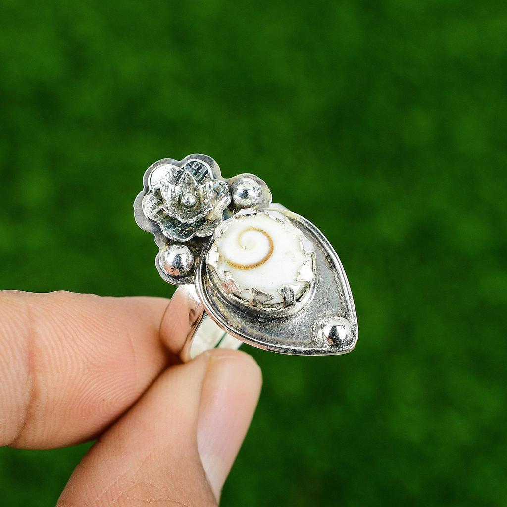 Натуральная раковина Шива Глаз Штабелируемое Цветок Белое Регулируемое Кольцо 925 Серебро