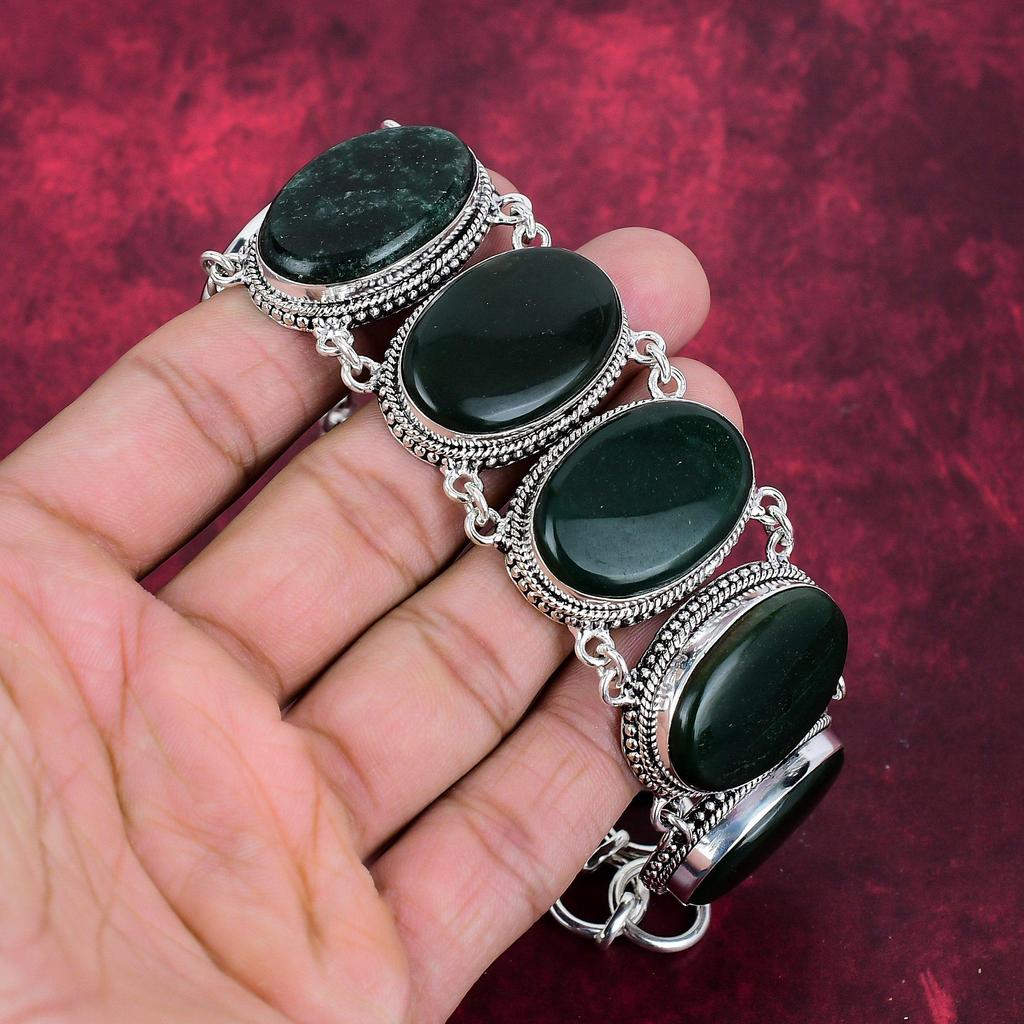 Green Jade Gemstone Jewelry, Handmade 925 Solid Sterling Silver Bracelet & Necklace Jewelry Set For Wedding Gift