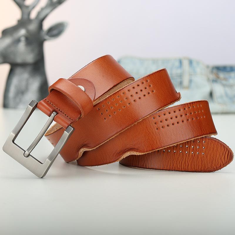 Ремень мужской кожаный с пряжкой-пином из первого слоя кожи, модный, состаренный, повседневный, легкий, с индивидуальностью, мужской трендовый ремень