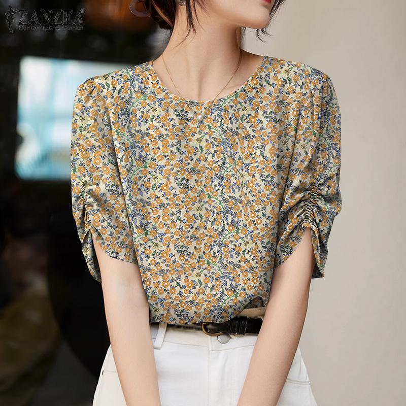 ZANZEA Женская повседневная блузка с круглым вырезом и коротким рукавом с цветочным принтом