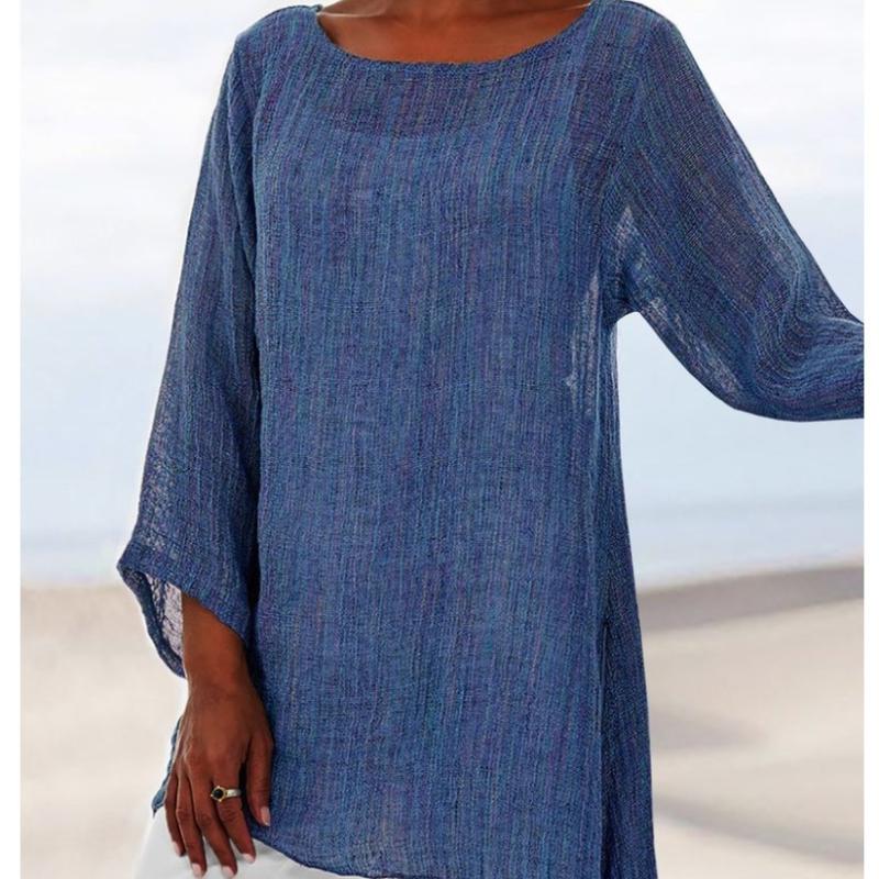 Льняная туника больших размеров с неровным подолом и О-образным вырезом