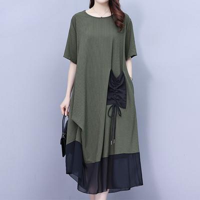 Летняя одежда для женщин, модное лоскутное гофрированное платье в Корейском стиле с круглым вырезом, трехмерное украшение, платье средней длины с короткими рукавами