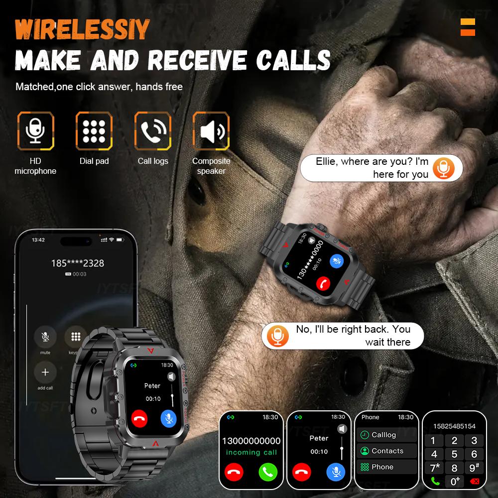 Outdoor Military Smartwatch Men Bluetooth Call Smart Watch 1.73inch LED Sports Fitness Watches For Man Women