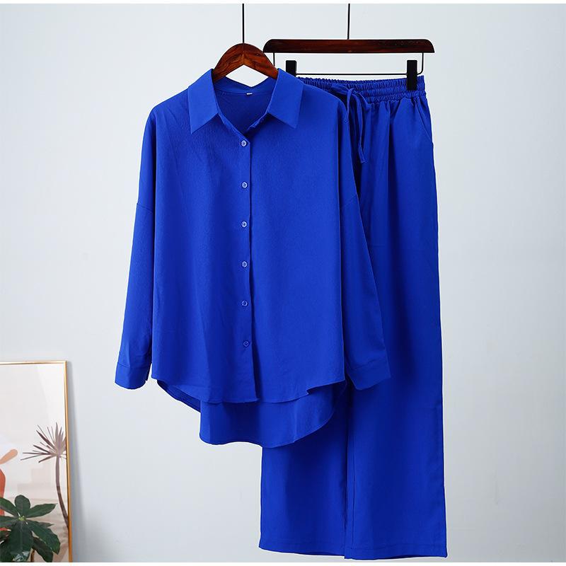 Women's Fashion Loose Elastic Wrinkled Long Sleeve Shirt Wide Leg Pants Casual Set 2-piece Set