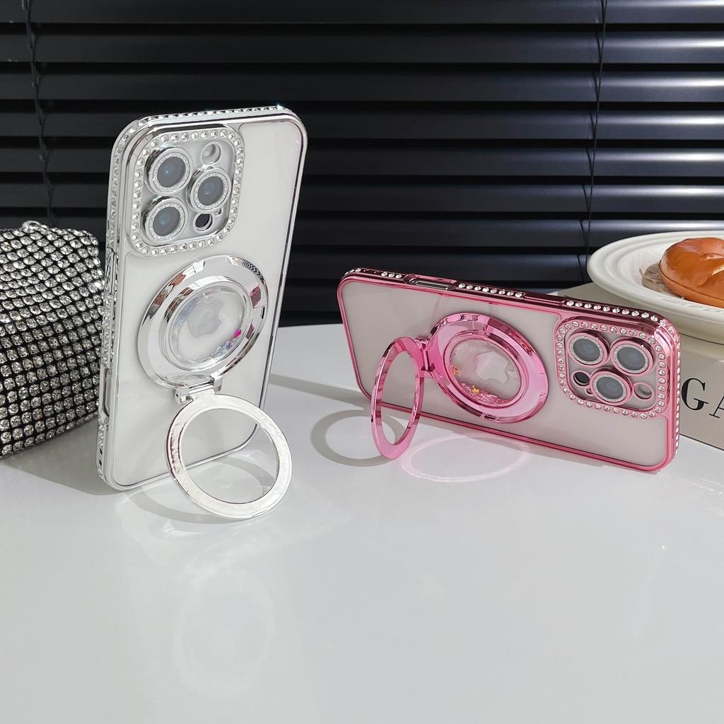 Чехол-бампер для телефона с подставкой, защищающий объектив камеры, с гальваническим покрытием, блестками и бриллиантами, для iPhone 17 16 Pro Max Samsung S25 S24, прозрачная защитная крышка